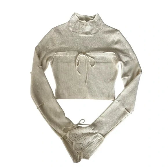 Danielle Guizio Ivory Cashmere Wool Pointelle Knit Tie Front Crop Sweater Small - Picture 6 of 13